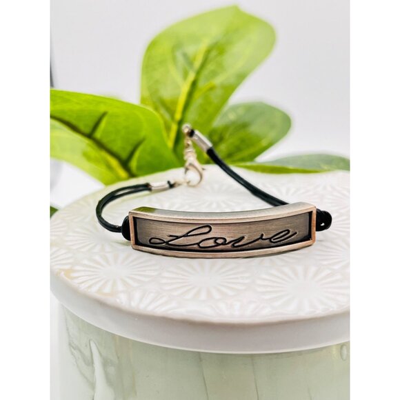 Silver Bar "Love" Charm Bracelet With 2 mm Black Leather Cord NEW - Picture 2 of 6